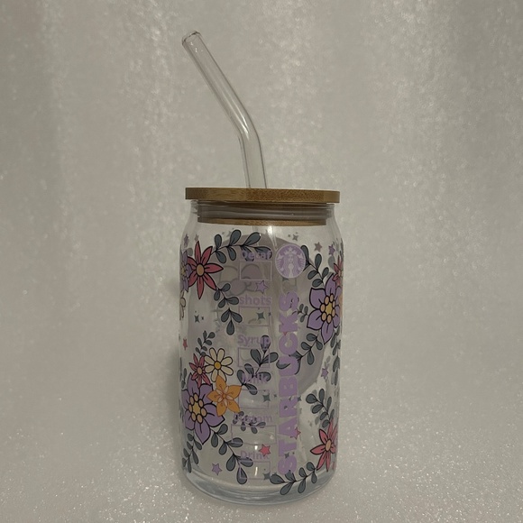 Hello Kitty Starbucks Floral Glass Libby Cup w/ Lid and Glass Straw- 16oz - Picture 4 of 5